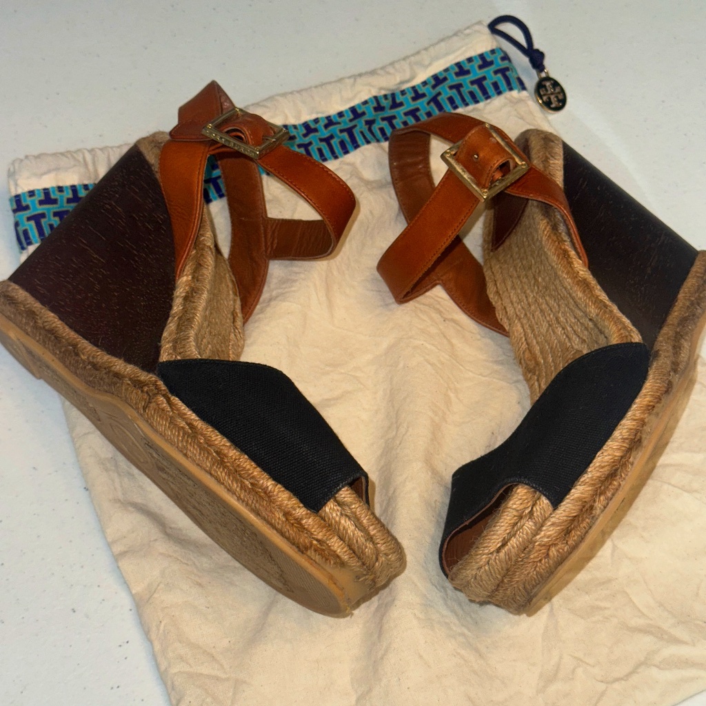 Tory Burch Wooden Rafia Espadrille Wedge Sandals & Shoe Bag Size 9